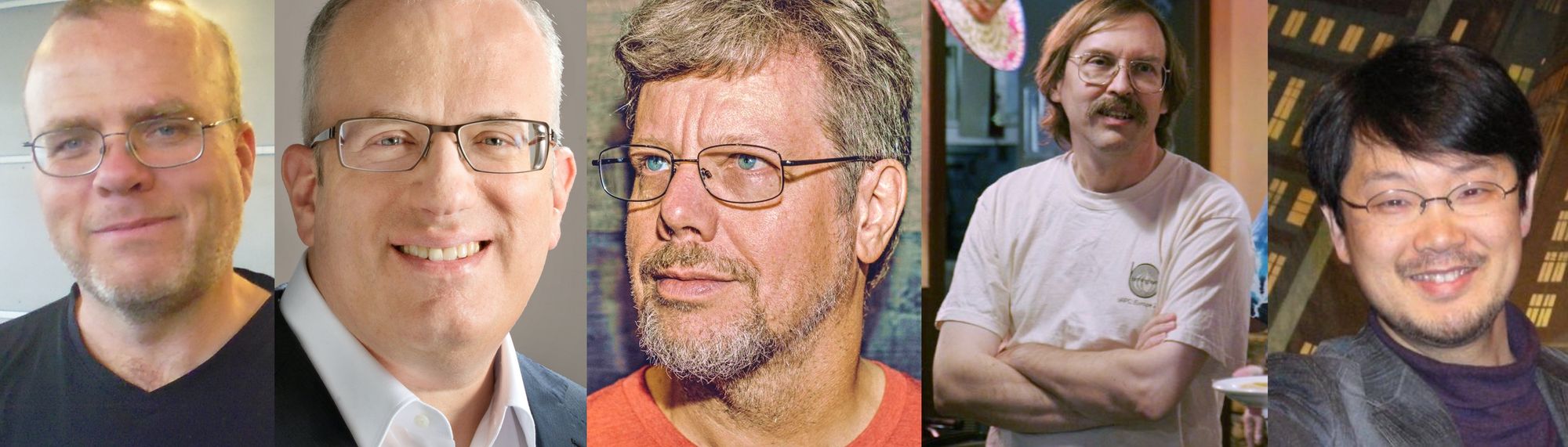 Collage of multiple photos. From the left: Rasmus Lerdorf (creator of PHP), Brendan Eich (creator of JavaScript), Guido van Rossum (creator of Python), Larry Wall (creator of Perl) and Yukihiro Matsumoto (creator of Ruby)